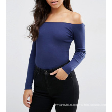 Sexy Fashion manches longues au large de l&#39;épaule Femmes coton Rib Top